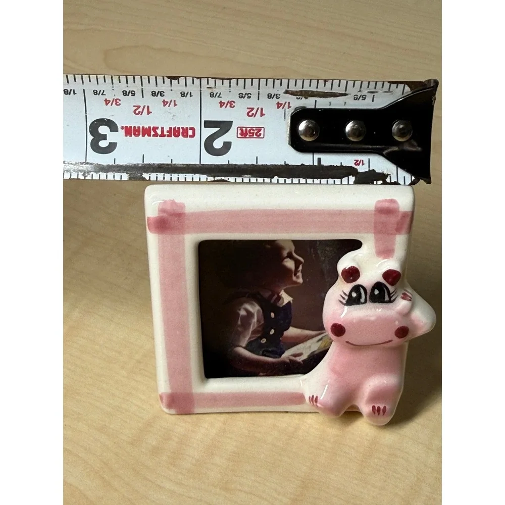 Vintage Ceramic Mini Picture Frame Pink Hippo Kitch Nursery Decor 2.75